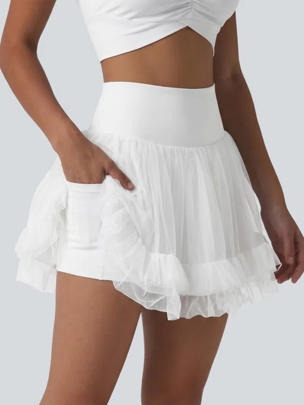 Halara High Waisted Contrast Mesh 2-in-1 Mini Workout Skirt (White, Large)